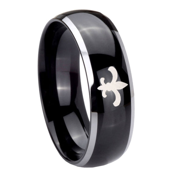 10mm Fleur De Lis Dome Glossy Black 2 Tone Tungsten Carbide Engraved Ring