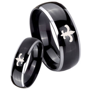 Bride and Groom Fleur De Lis Dome Glossy Black 2 Tone Tungsten Bands Ring Set