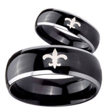 Bride and Groom Fleur De Lis Dome Glossy Black 2 Tone Tungsten Bands Ring Set