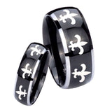 His Hers Multiple Fleur De Lis Dome Glossy Black 2 Tone Tungsten Engagement Ring Set