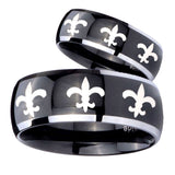 His Hers Multiple Fleur De Lis Dome Glossy Black 2 Tone Tungsten Engagement Ring Set