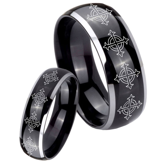 His Hers Multiple Crosses Dome Glossy Black 2 Tone Tungsten Engraved Ring Set