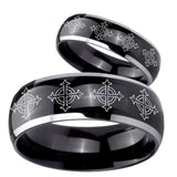 His Hers Multiple Crosses Dome Glossy Black 2 Tone Tungsten Engraved Ring Set