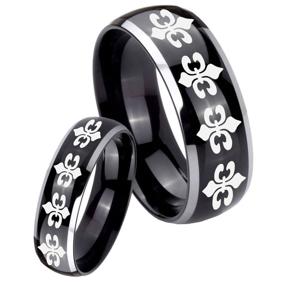 His Hers Multiple Fleur De Lis Dome Glossy Black 2 Tone Tungsten Men's Ring Set