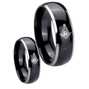 His Hers Master Mason Masonic Dome Glossy Black 2 Tone Tungsten Men's Ring Set