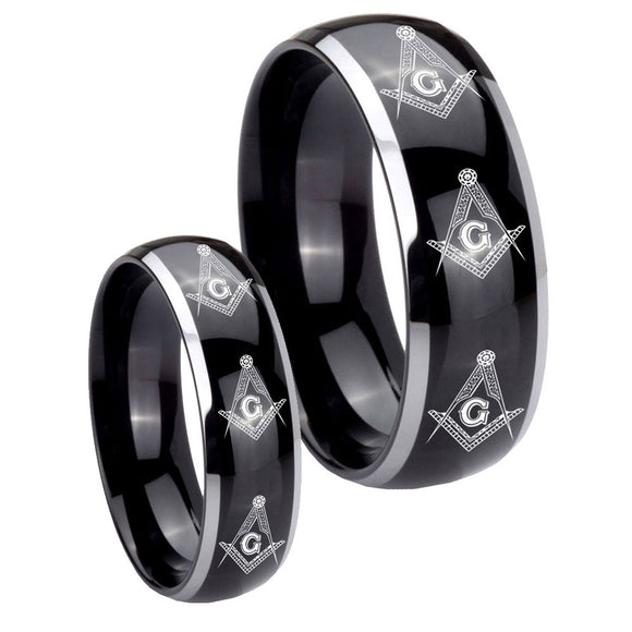 His Hers Multiple Master Mason Masonic Dome Glossy Black 2 Tone Tungsten Promise Ring Set
