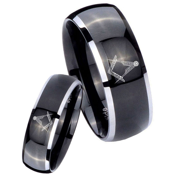 His and Hers Masonic Dome Glossy Black 2 Tone Tungsten Custom Mens Ring Set