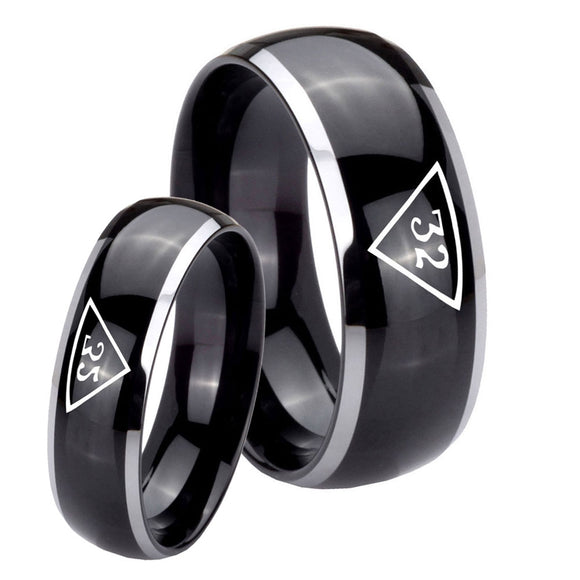 His and Hers Masonic 32 Triangle Freemason Dome Glossy Black 2 Tone Tungsten Mens Promise Ring Set