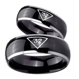 His and Hers Masonic 32 Triangle Freemason Dome Glossy Black 2 Tone Tungsten Mens Promise Ring Set