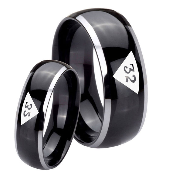 His and Hers Masonic 32 Triangle Design Freemason Dome Glossy Black 2 Tone Tungsten Mens Promise Ring Set