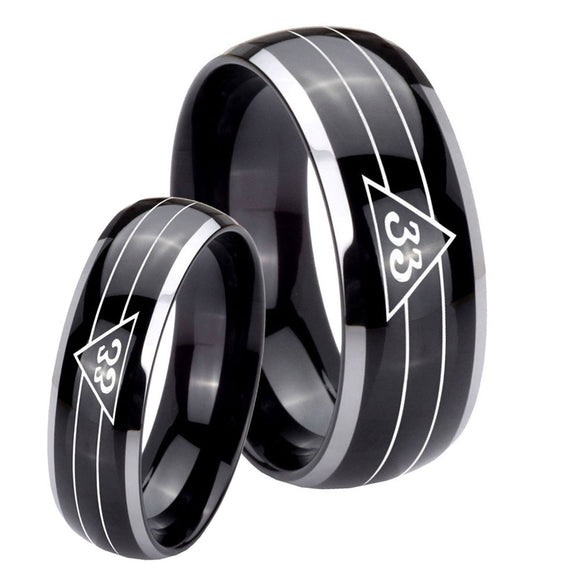 His and Hers Masonic 32 Duo Line Freemason Dome Glossy Black 2 Tone Tungsten Mens Promise Ring Set