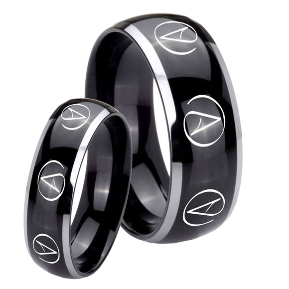 His Hers Atheist Design Dome Glossy Black 2 Tone Tungsten Mens Ring Set
