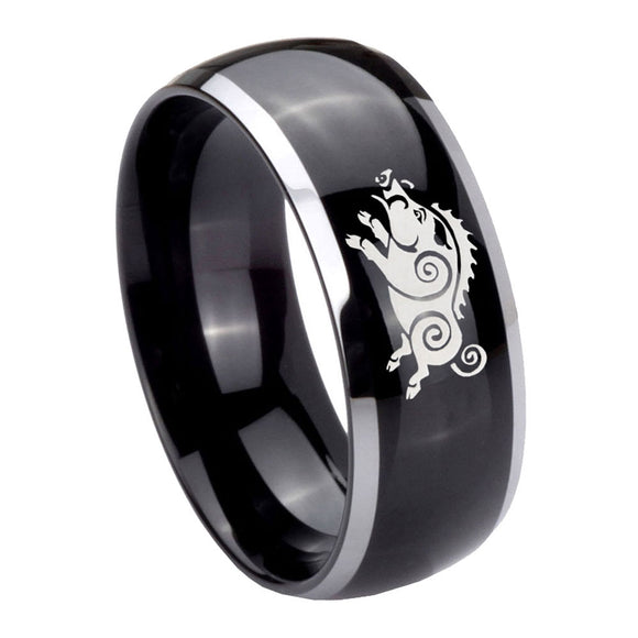 10mm Wild Boar Dome Glossy Black 2 Tone Tungsten Carbide Engraved Ring