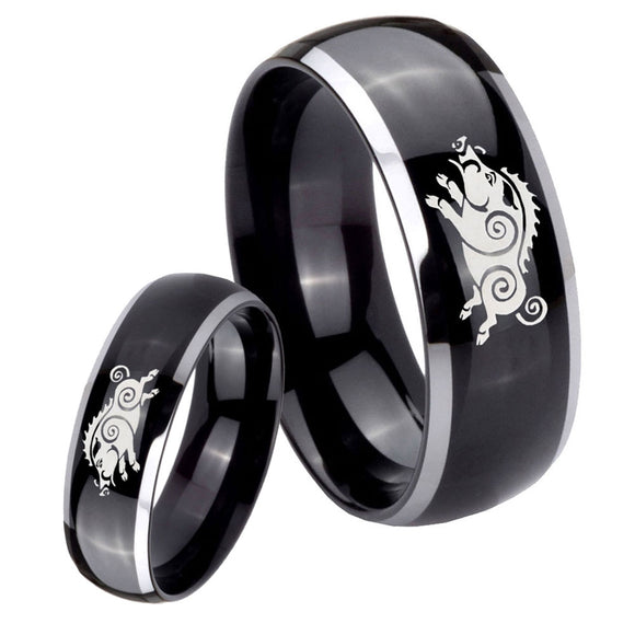 His Hers Wild Boar Dome Glossy Black 2 Tone Tungsten Bands Ring Set