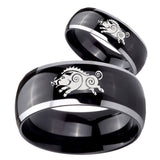 His Hers Wild Boar Dome Glossy Black 2 Tone Tungsten Bands Ring Set