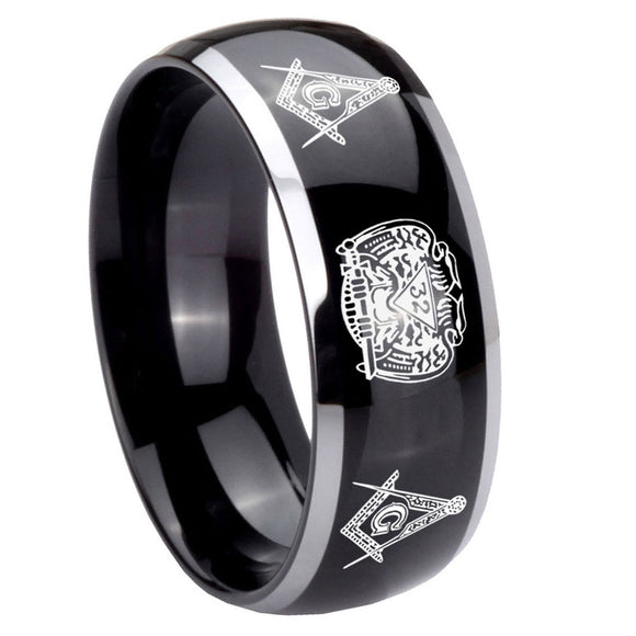 10mm Masonic 32 Design Dome Glossy Black 2 Tone Tungsten Carbide Rings for Men