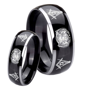 His Hers Masonic 32 Design Dome Glossy Black 2 Tone Tungsten Rings for Men Set