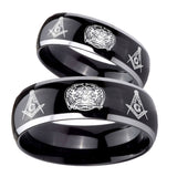 His Hers Masonic 32 Design Dome Glossy Black 2 Tone Tungsten Rings for Men Set