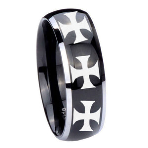 10mm Multiple Maltese Cross Dome Glossy Black 2 Tone Tungsten Men's Band Ring