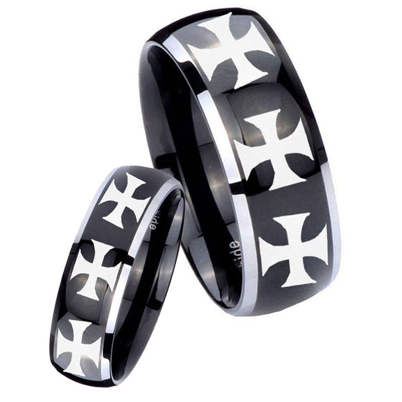 His Hers Multiple Maltese Cross Dome Glossy Black 2 Tone Tungsten Mens Ring Set