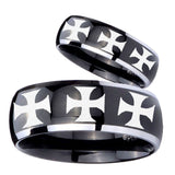 His Hers Multiple Maltese Cross Dome Glossy Black 2 Tone Tungsten Mens Ring Set