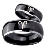 His Hers Aries Zodiac Dome Glossy Black 2 Tone Tungsten Wedding Band Mens Set