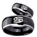 His Hers Cancer Horoscope Dome Glossy Black 2 Tone Tungsten Rings Set