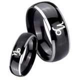 His Hers Capricorn Zodiac Dome Glossy Black 2 Tone Tungsten Mens Ring Set