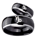 His Hers Capricorn Zodiac Dome Glossy Black 2 Tone Tungsten Mens Ring Set