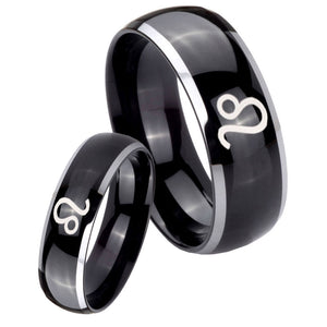 His Hers Leo Zodiac Dome Glossy Black 2 Tone Tungsten Wedding Engraving Ring Set