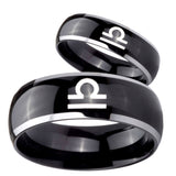 His Hers Libra Horoscope Dome Glossy Black 2 Tone Tungsten Anniversary Ring Set