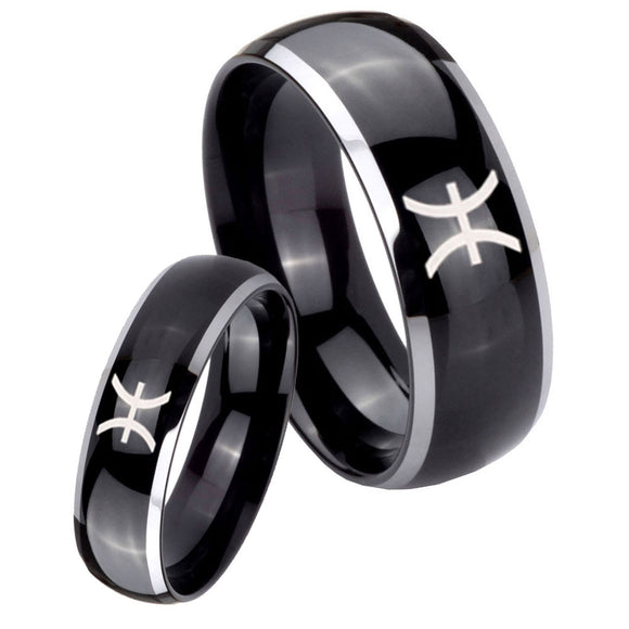 His and Hers Pisces Zodiac Dome Glossy Black 2 Tone Tungsten Bands Ring Set