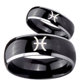 His and Hers Pisces Zodiac Dome Glossy Black 2 Tone Tungsten Bands Ring Set