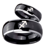 His Hers Sagittarius Zodiac Dome Glossy Black 2 Tone Tungsten Custom Mens Ring Set