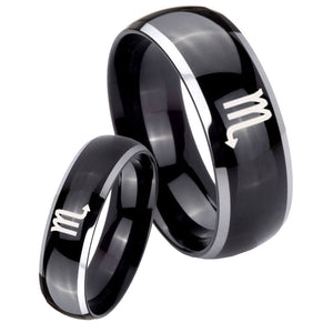 His Hers Scorpio Horoscope Dome Glossy Black 2 Tone Tungsten Custom Ring Set