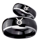 His Hers Taurus Horoscope Dome Glossy Black 2 Tone Tungsten Engagement Ring Set