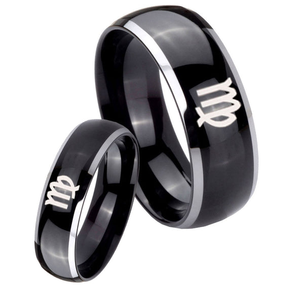 His Hers Virgo Zodiac Dome Glossy Black 2 Tone Tungsten Engraved Ring Set
