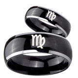 His Hers Virgo Zodiac Dome Glossy Black 2 Tone Tungsten Engraved Ring Set