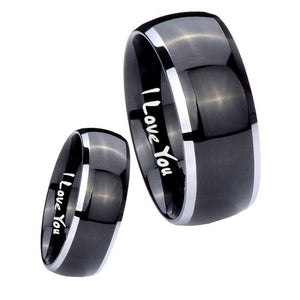 His Hers I Love You Dome Glossy Black 2 Tone Tungsten Men's Wedding Ring Set