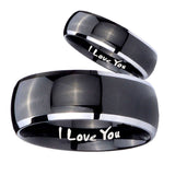 His Hers I Love You Dome Glossy Black 2 Tone Tungsten Men's Wedding Ring Set