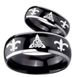 His Hers Celtic Triangle Fleur De Lis Dome Glossy Black 2 Tone Tungsten Ring Set