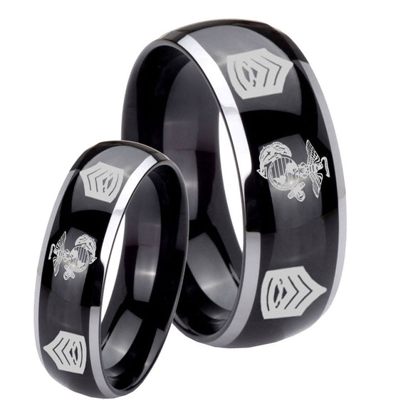 His Hers Marine Army Sergeant Dome Glossy Black 2 Tone Tungsten Men's Promise Rings Set