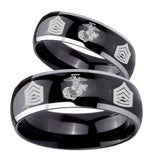 His Hers Marine Army Sergeant Dome Glossy Black 2 Tone Tungsten Men's Promise Rings Set