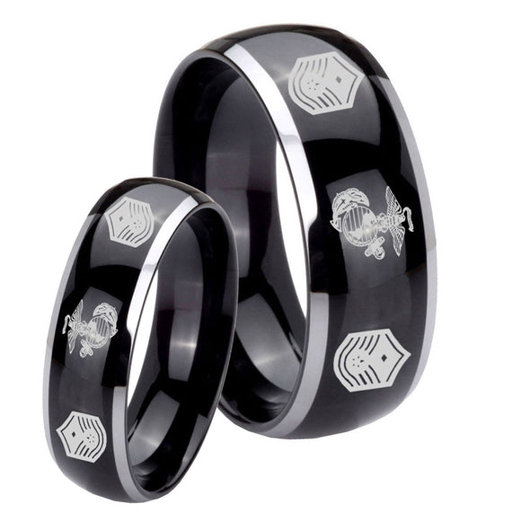 His Hers Marine Chief Master Sergeant  Dome Glossy Black 2 Tone Tungsten Engraving Ring Set