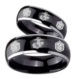 His Hers Marine Chief Master Sergeant  Dome Glossy Black 2 Tone Tungsten Engraving Ring Set