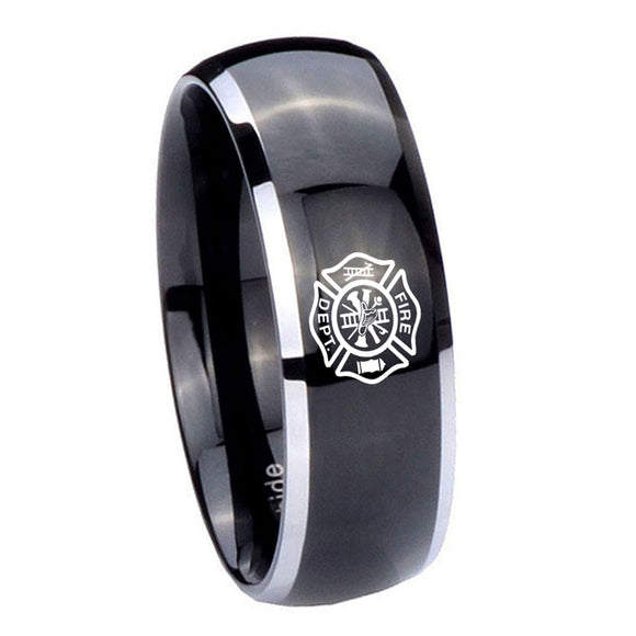 10mm Fire Department Dome Glossy Black 2 Tone Tungsten Carbide Men's Ring