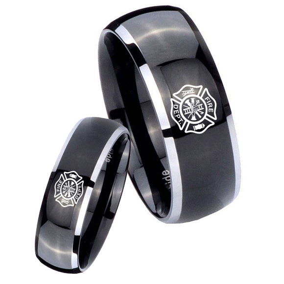 His and Hers Fire Department Dome Glossy Black 2 Tone Tungsten Mens Ring Set