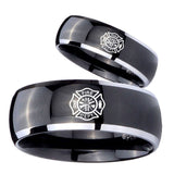 His and Hers Fire Department Dome Glossy Black 2 Tone Tungsten Mens Ring Set