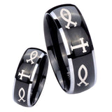 His Hers Fish & Cross Dome Glossy Black 2 Tone Tungsten Custom Mens Ring Set