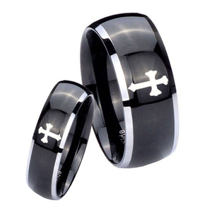 His Hers Flat Christian Cross Dome Glossy Black 2 Tone Tungsten Custom Ring Set